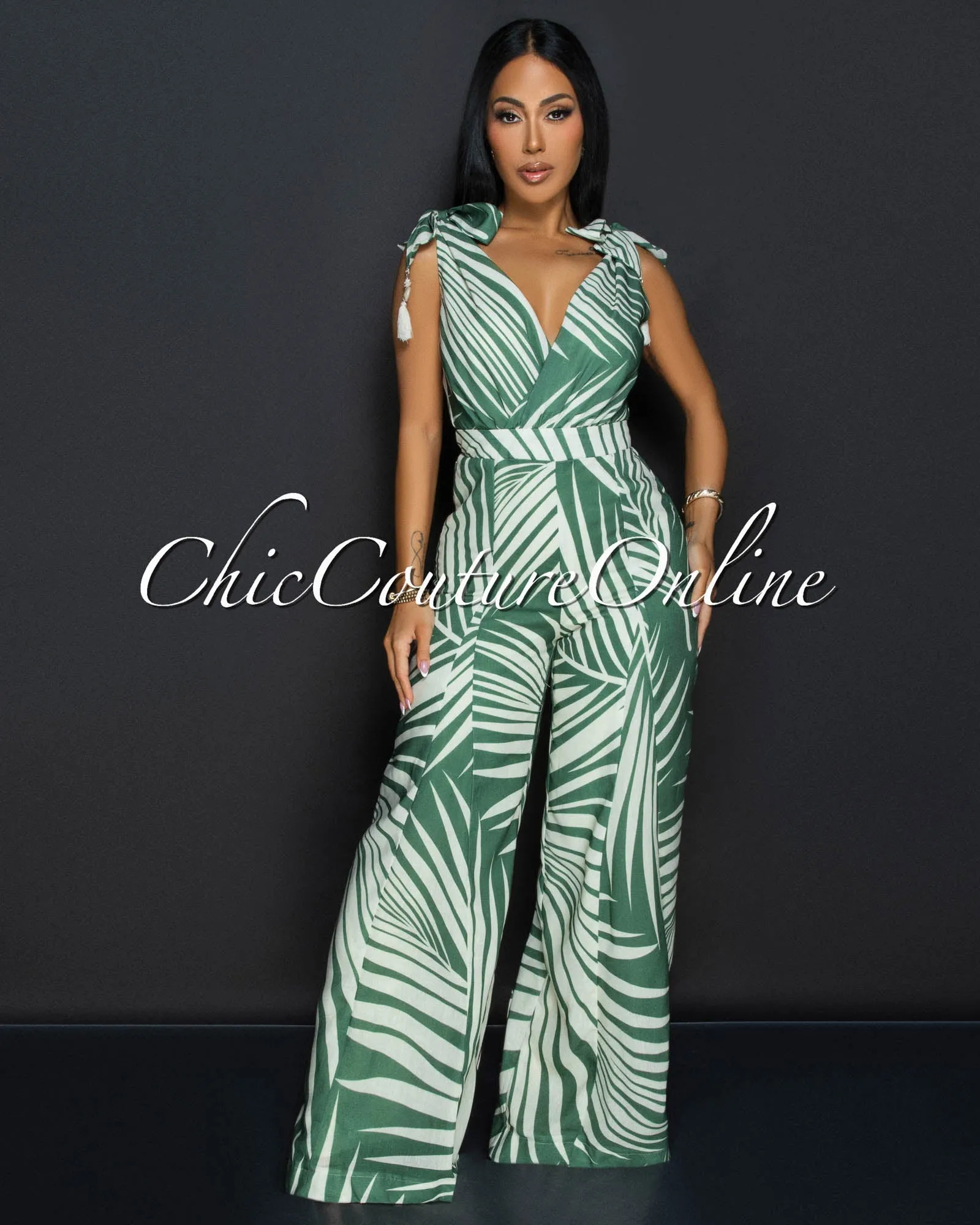 Sitti Green Beige V Neck Wide Legs Jumpsuit sold by Chic Couture