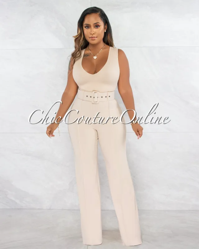 Faina Beige Belt High Waist Palazzo Pants sold by chic