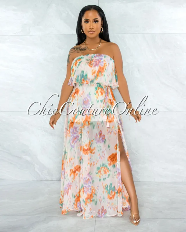 *Cinco Nude Lilac Print Print Overlay Ruffle Maxi Dress sold by Chic Couture
