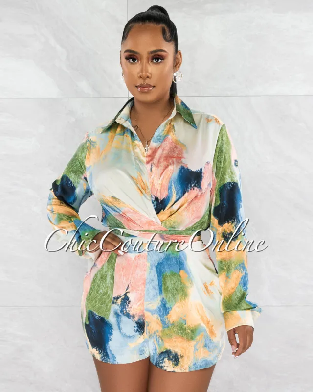 *Doella Multi-Color Print Long Sleeves Silky Romper sold by Chic Couture