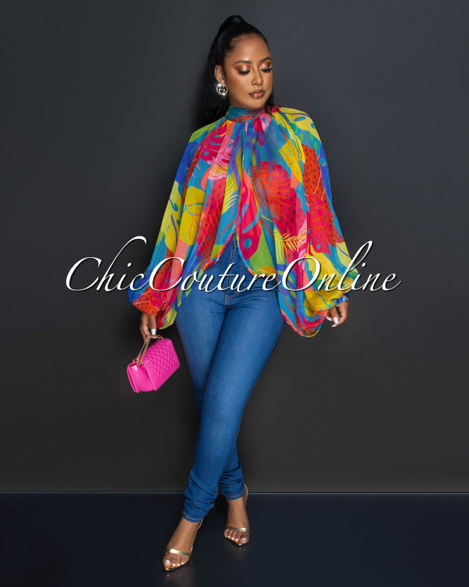 Aleja Multi-Color Print Sheer Flowy Top sold by Chic Couture product image thumbnail 3