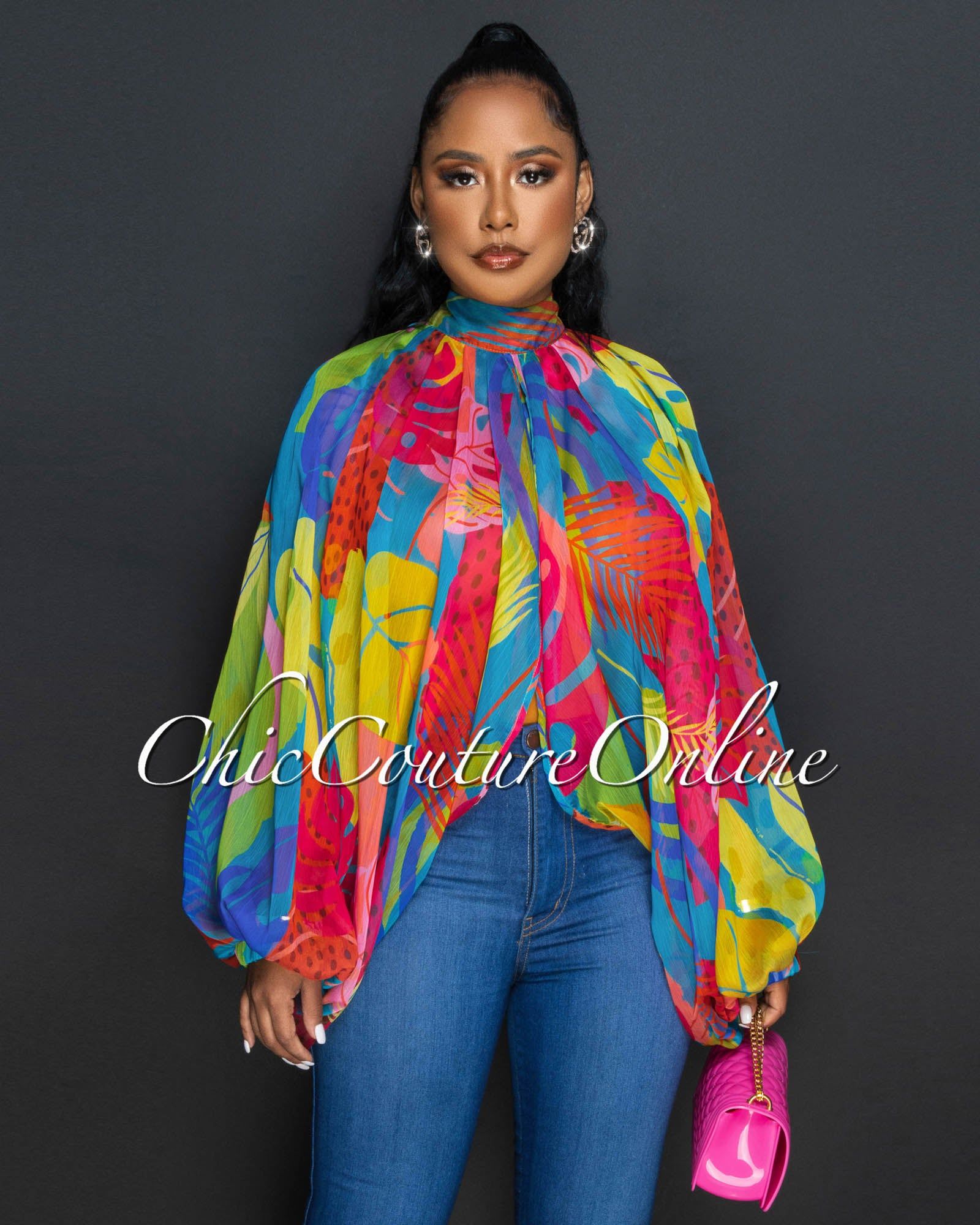Aleja Multi-Color Print Sheer Flowy Top sold by Chic Couture