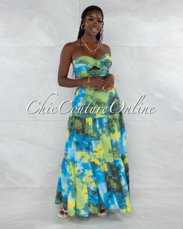 *Utah Green Blue Print Print Crop Top & Maxi Skirt Set sold by Chic Couture