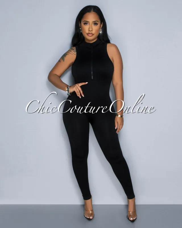Lavia Black Front Zipper BodyCon Ribbed Jumpsuit sold by Chic Couture