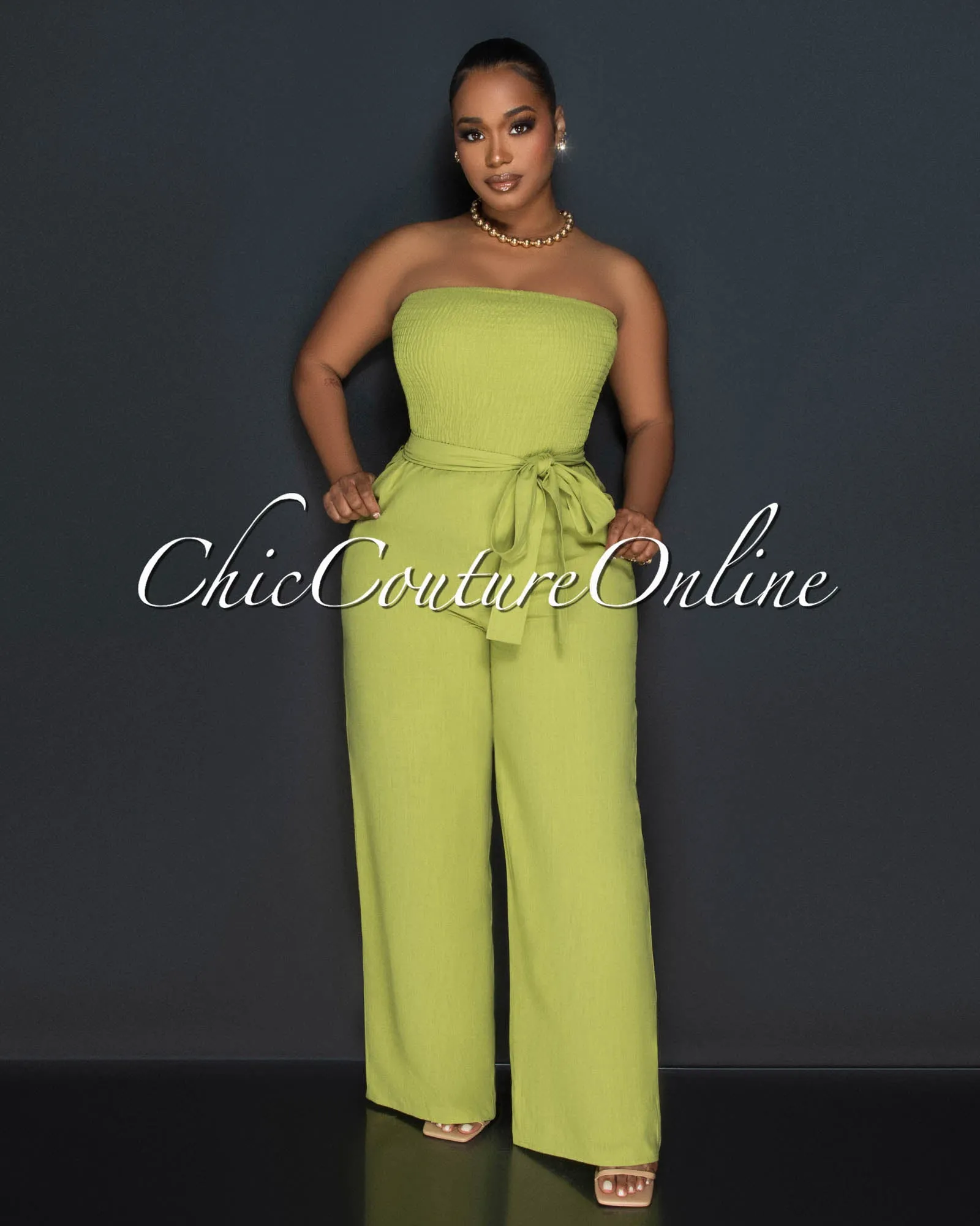 Hurley Green Smoked Top Wide Legs Linen Jumpsuit sold by Chic Couture