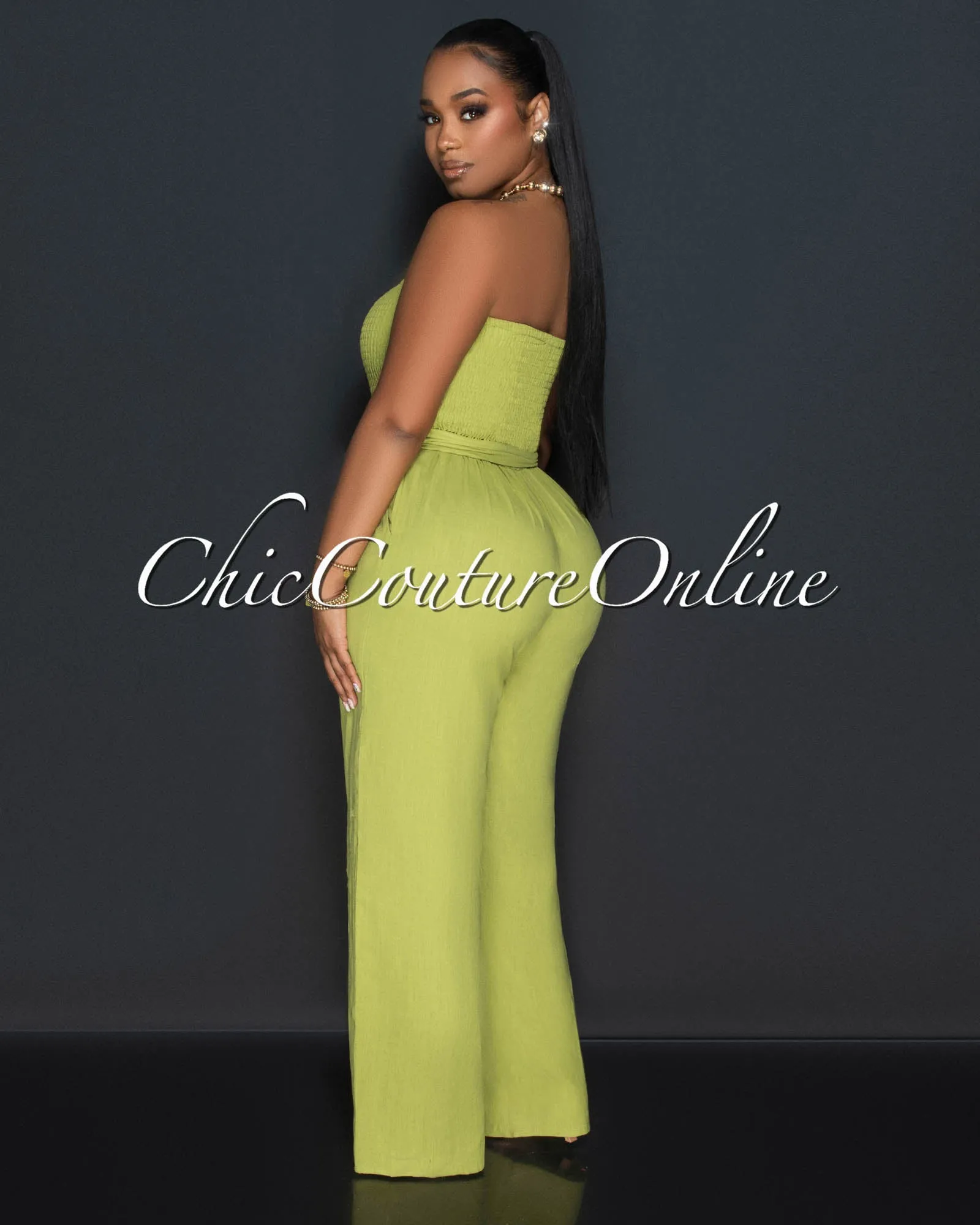 Hurley Green Smoked Top Wide Legs Linen Jumpsuit sold by Chic Couture product image thumbnail 3
