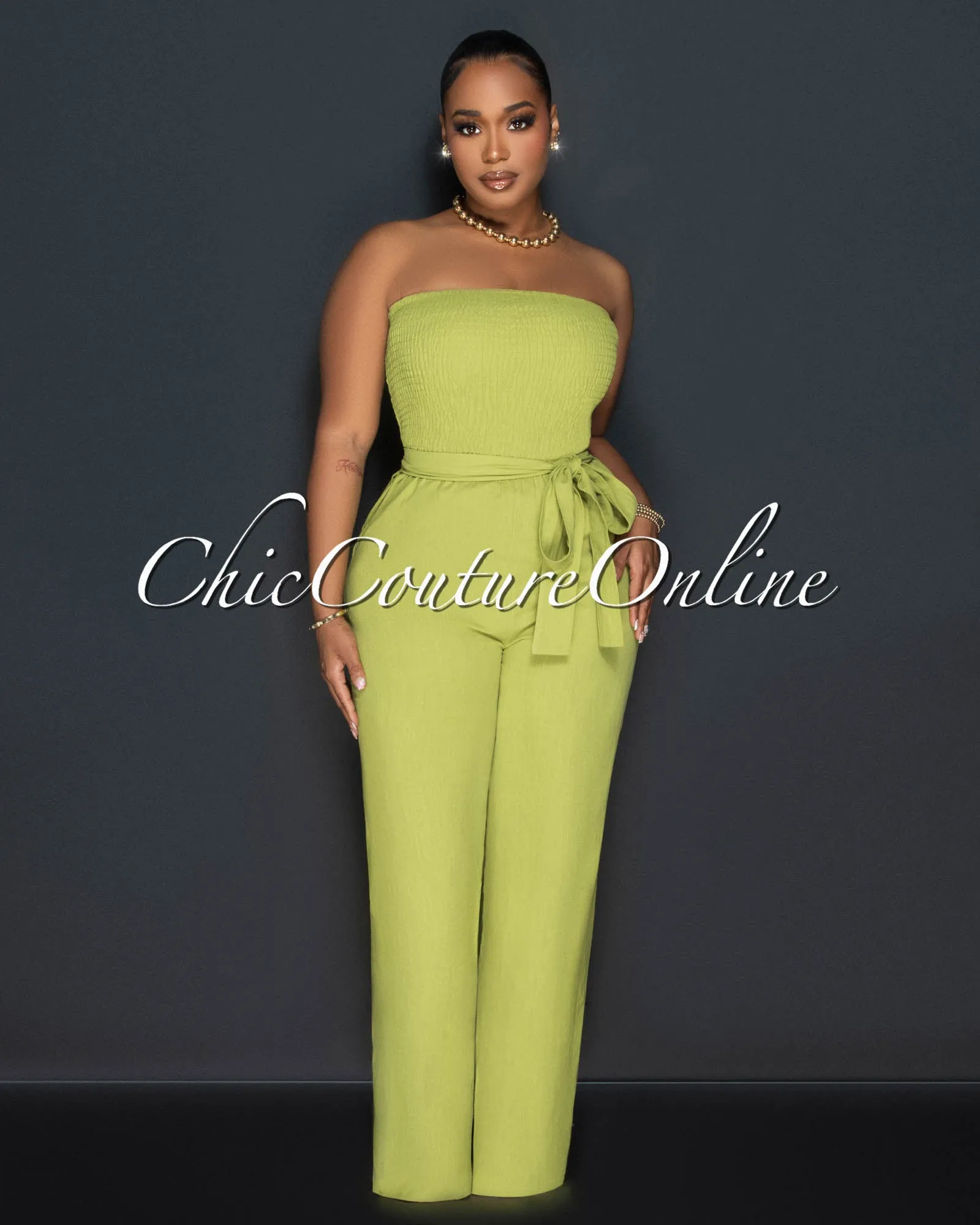 Hurley Green Smoked Top Wide Legs Linen Jumpsuit sold by Chic Couture product image thumbnail 2