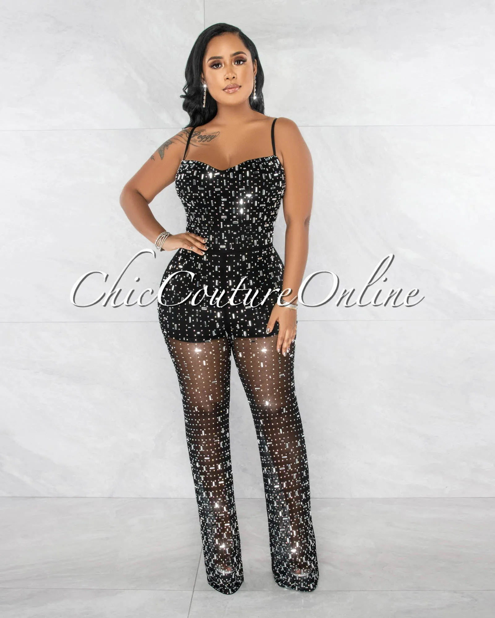 *Nikola Black Silver Rhinestones Mesh Sheer Legs Jumpsuit sold by Chic Couture