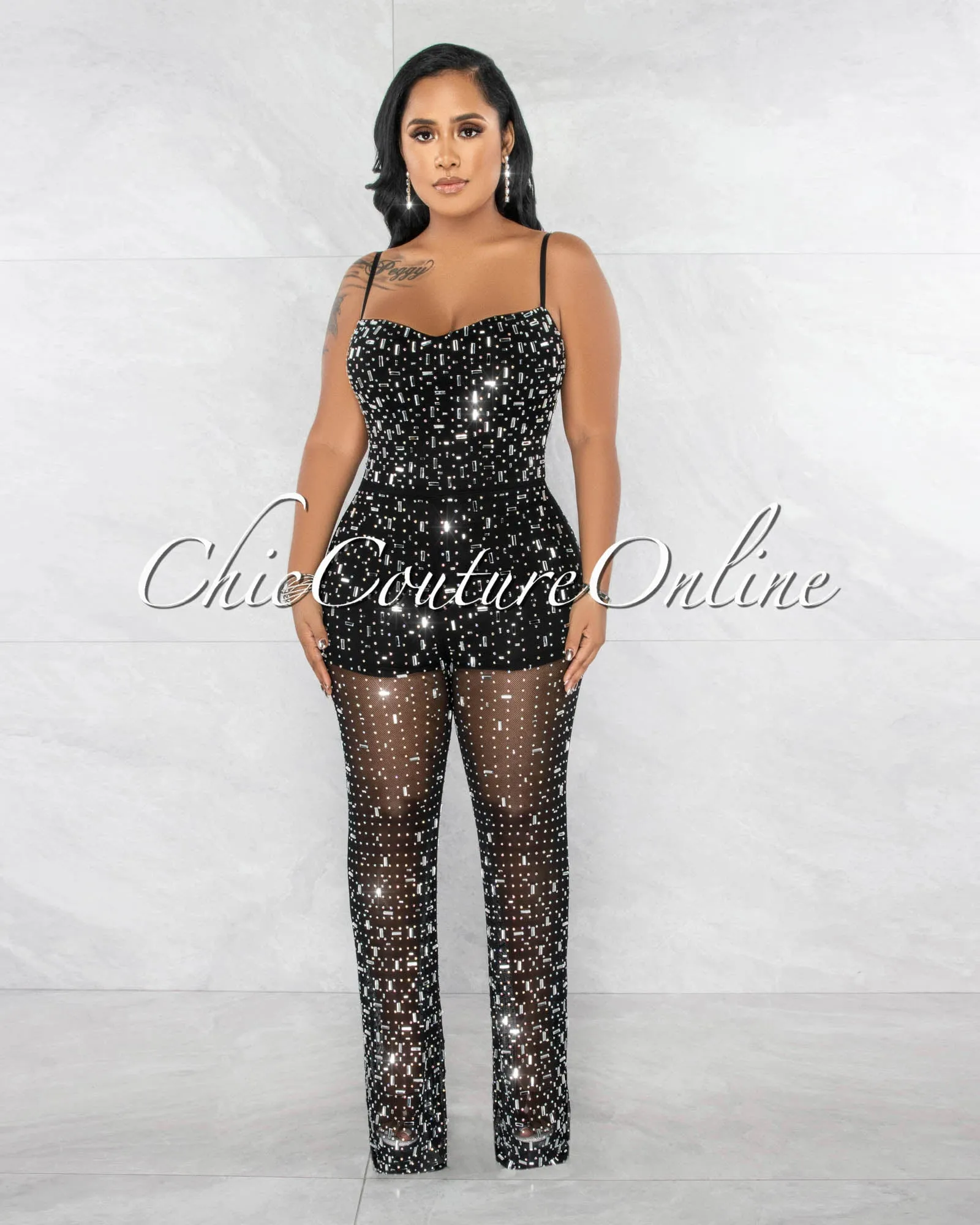 *Nikola Black Silver Rhinestones Mesh Sheer Legs Jumpsuit sold by Chic Couture product image thumbnail 2