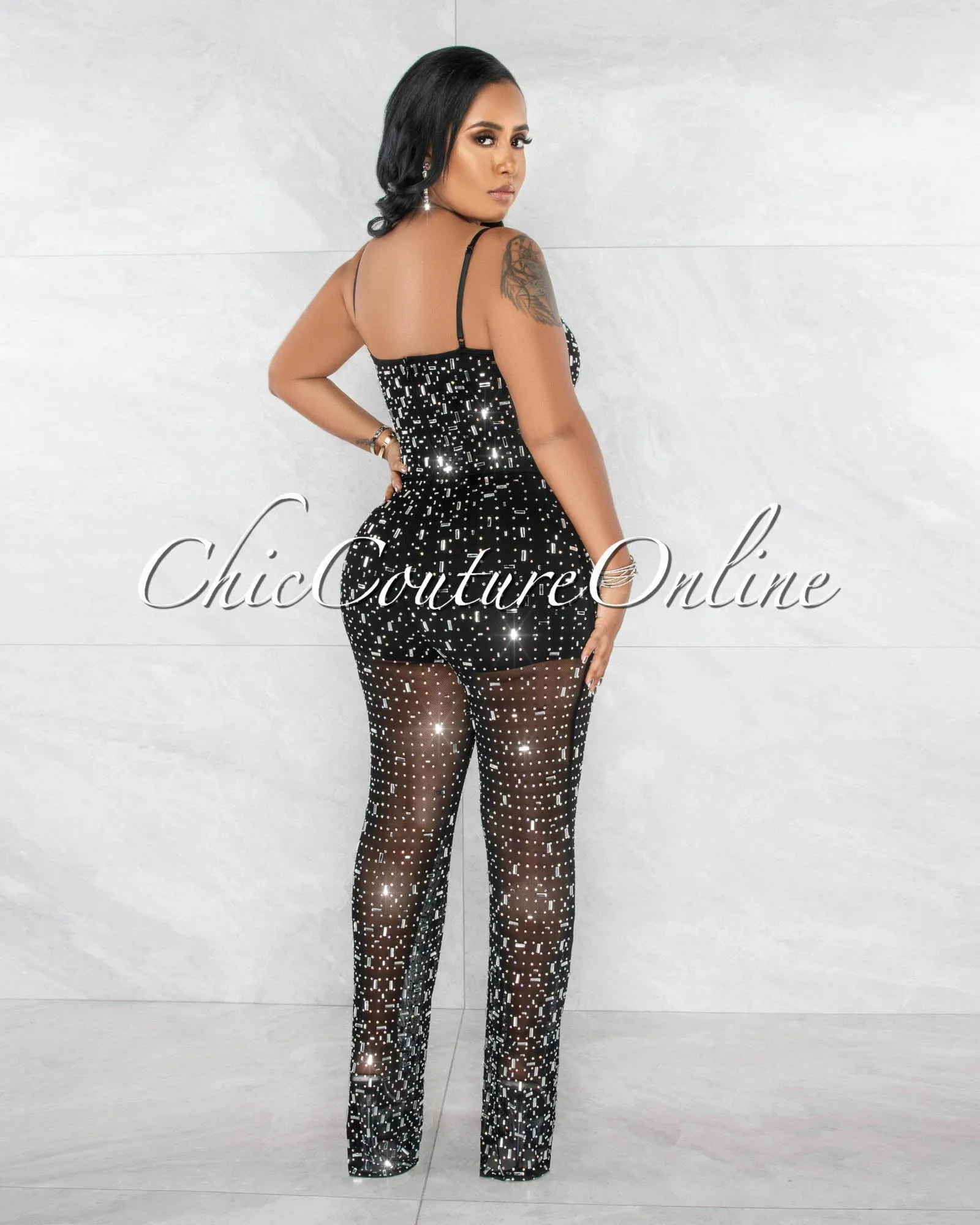 *Nikola Black Silver Rhinestones Mesh Sheer Legs Jumpsuit sold by Chic Couture product image thumbnail 3