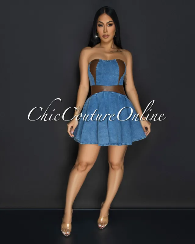 Noa Denim Brown Strapless Mini Dress sold by Chic Couture
