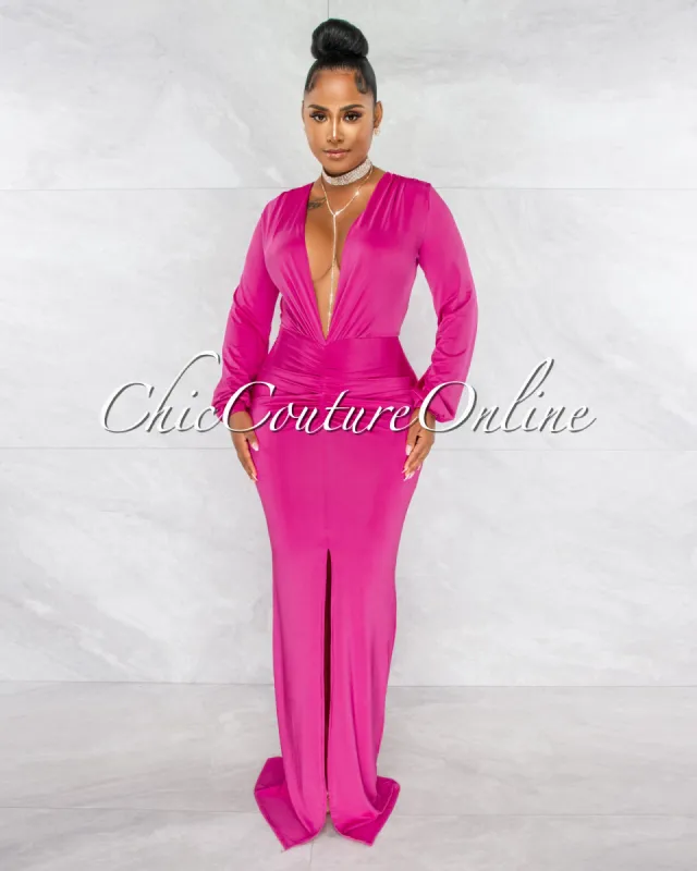 *Solada Magenta V-Neck Long Sleeves Front Draped Maxi Dress sold by Chic Couture