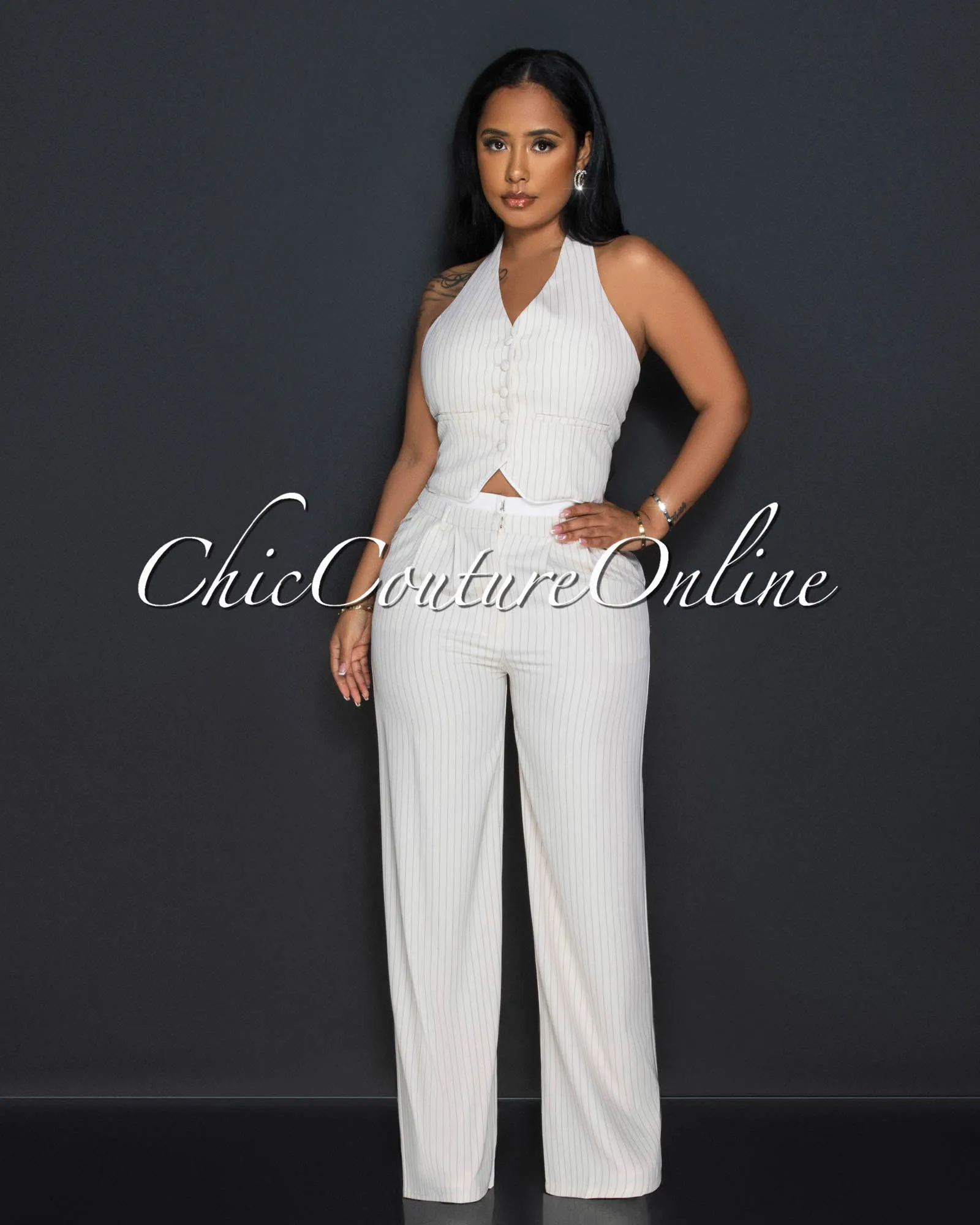 Branden Nude Stripes Vest & Pleated Pants Set sold by Chic Couture product image thumbnail 3
