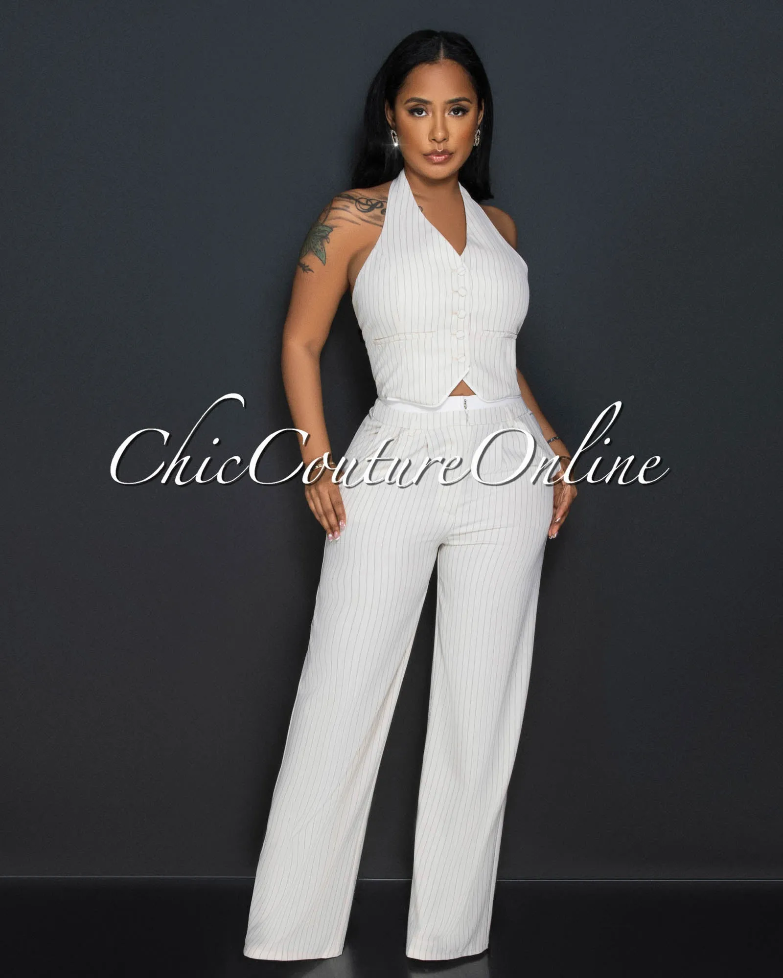 Branden Nude Stripes Vest & Pleated Pants Set sold by Chic Couture