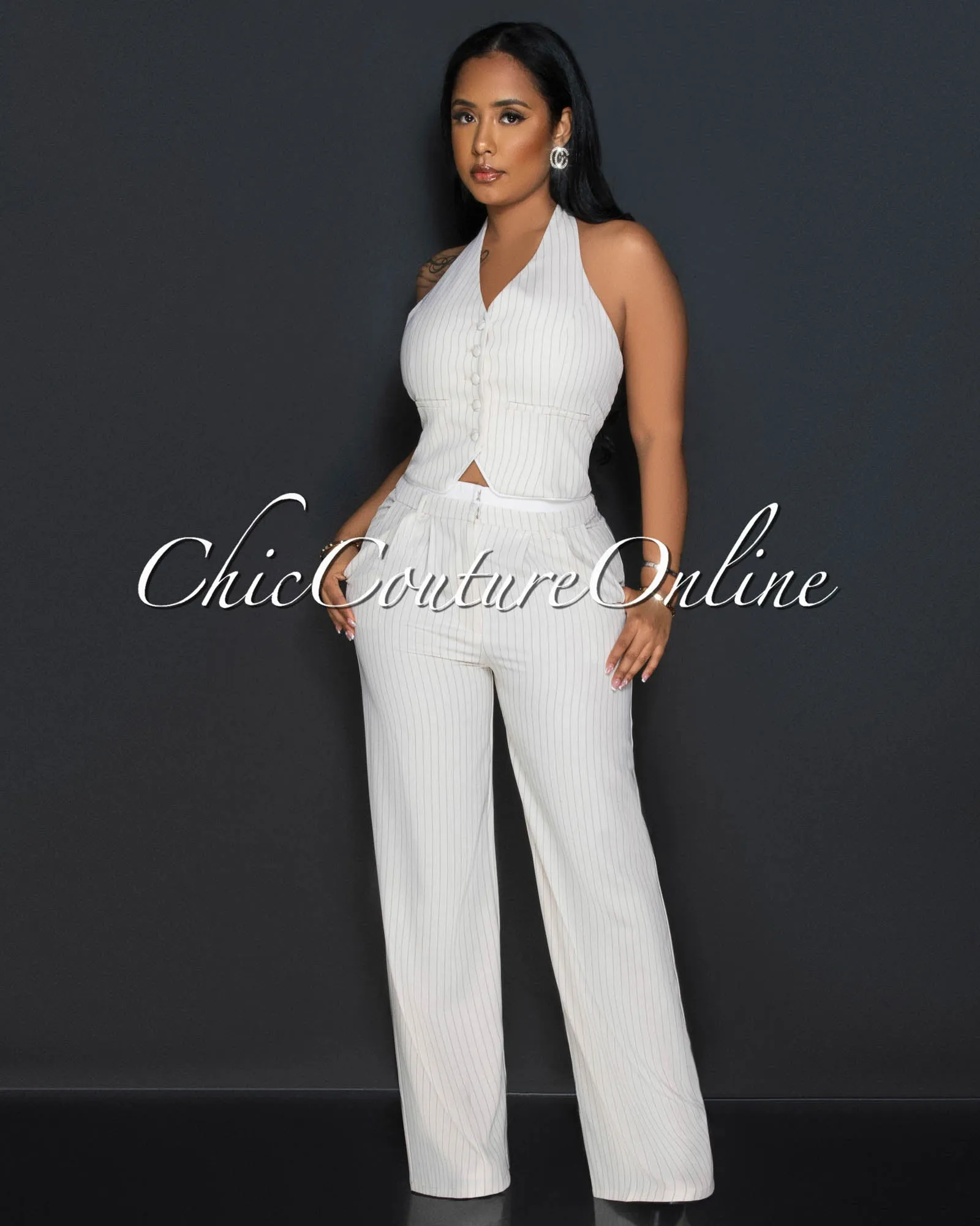 Branden Nude Stripes Vest & Pleated Pants Set sold by Chic Couture product image thumbnail 2