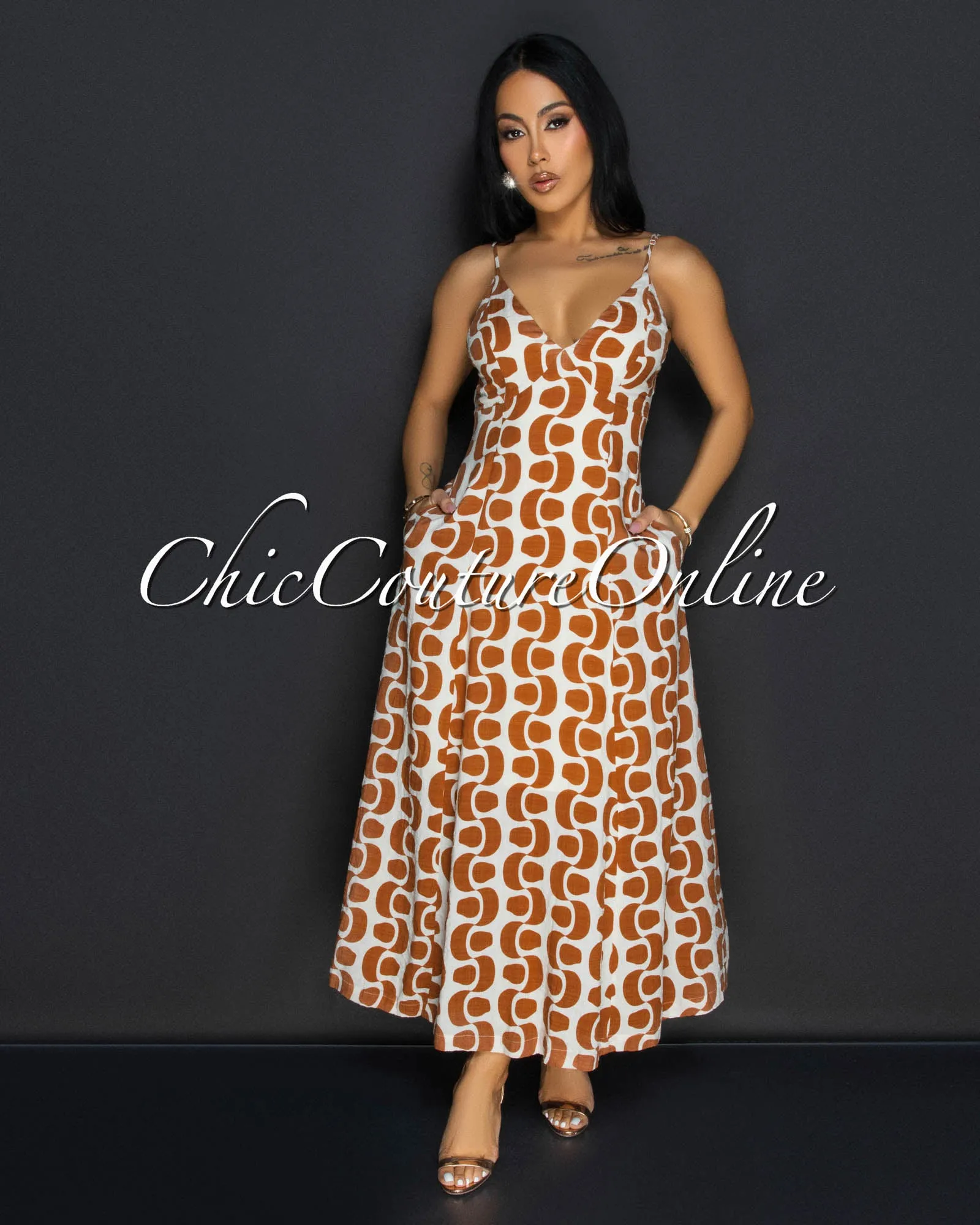 Peony Nude Brown Flared Maxi Dress sold by Chic Couture