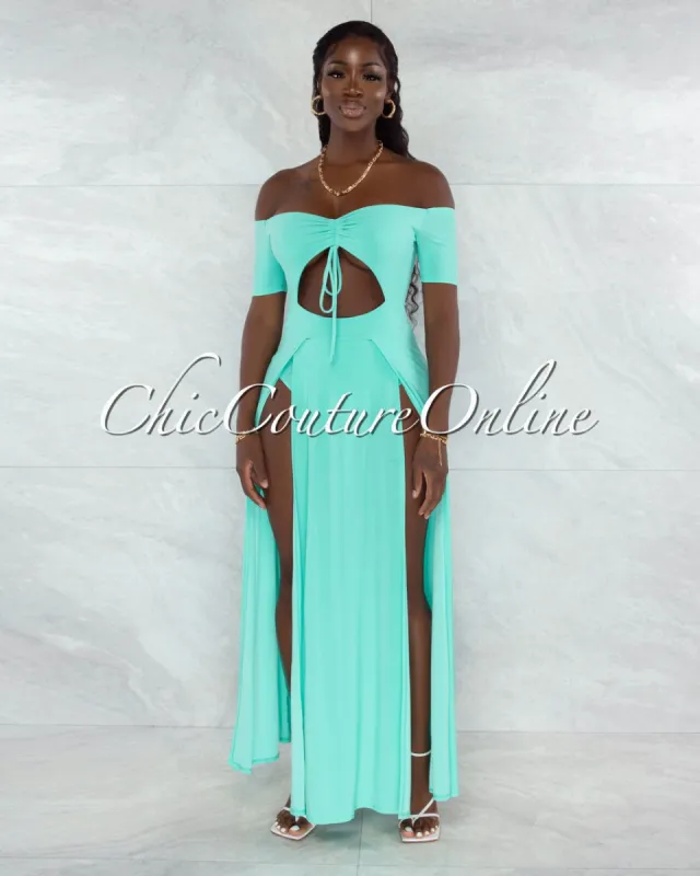*Roline Mint Ruched Neckline Double Slit Bodysuit Maxi Dress sold by chic