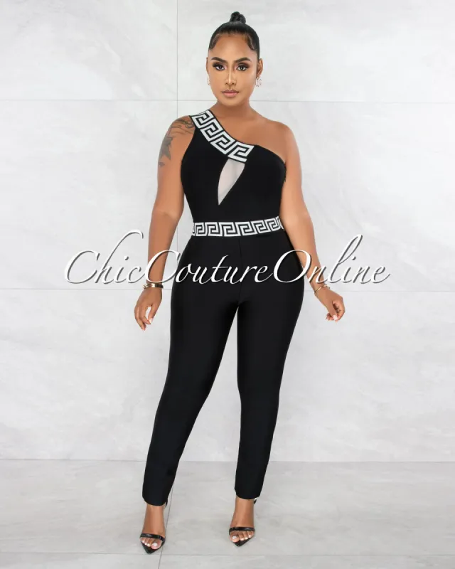 *Linnea Black White Fret Trim Single Shoulder Bandage Jumpsuit sold by Chic Couture