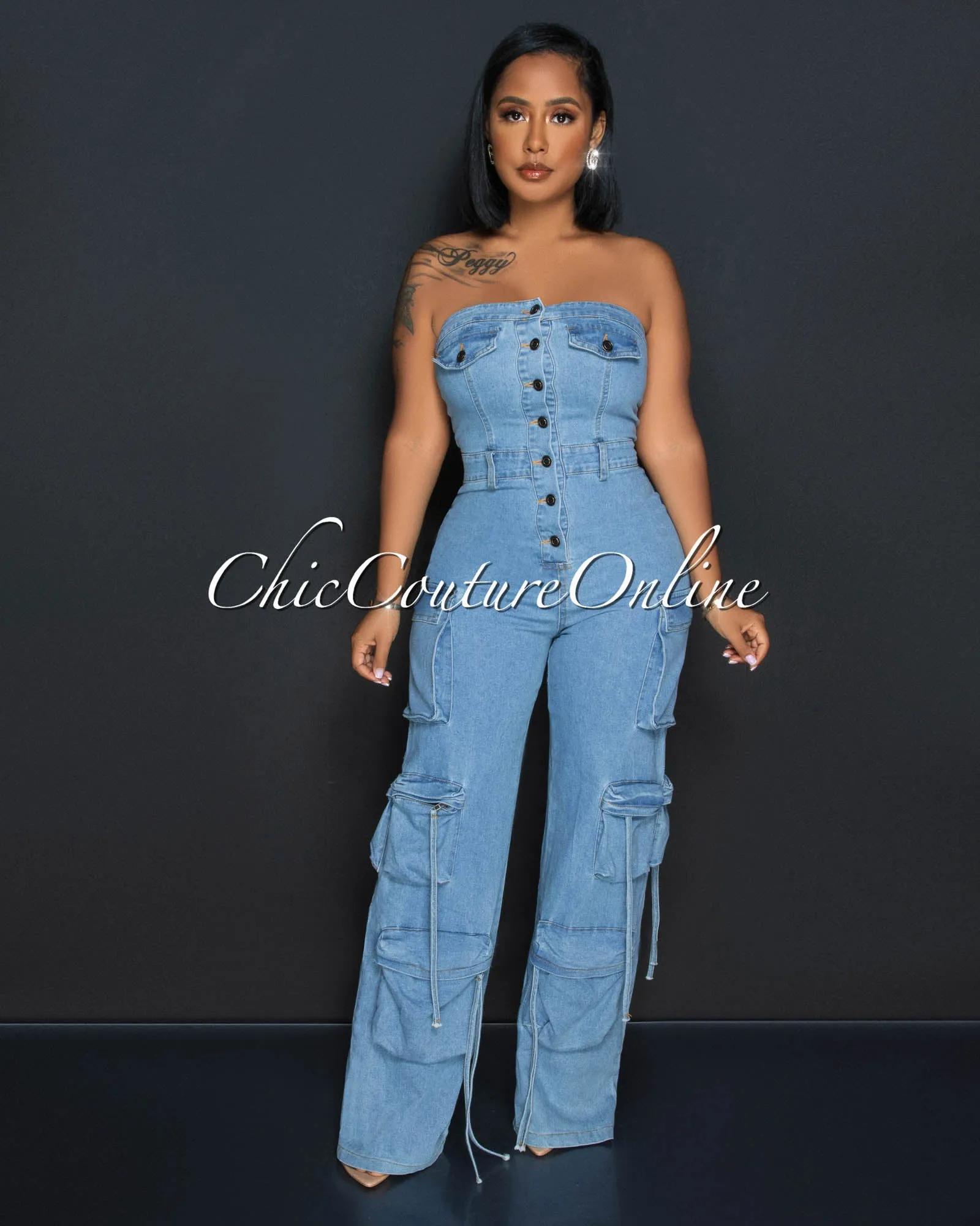 *Marie Light Denim Strapless Cargo Jumpsuit sold by Chic Couture product image thumbnail 2