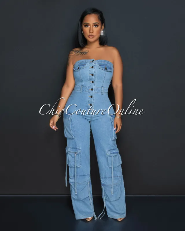 *Marie Light Denim Strapless Cargo Jumpsuit sold by Chic Couture