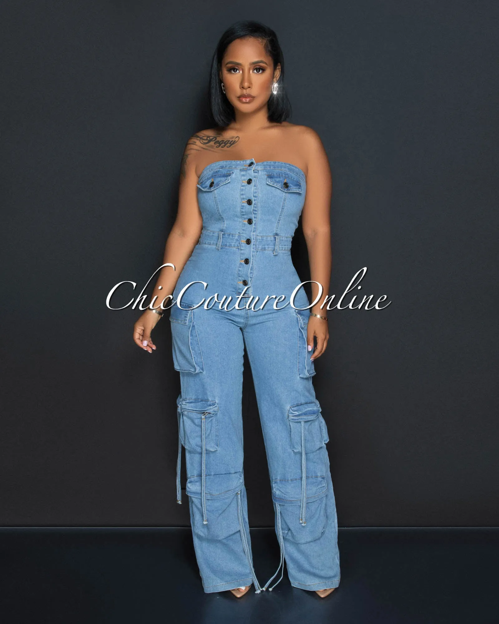 *Marie Light Denim Strapless Cargo Jumpsuit sold by Chic Couture