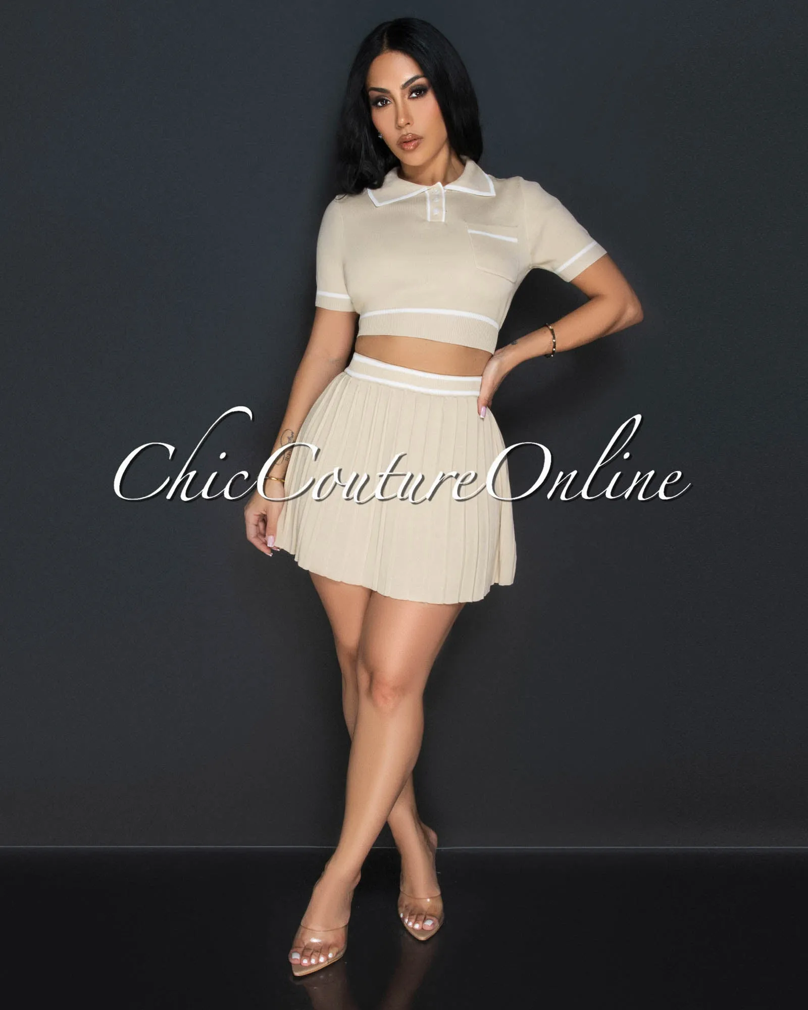 Rylie Beige White Tennis Crop Top & Skirt Set sold by Chic Couture
