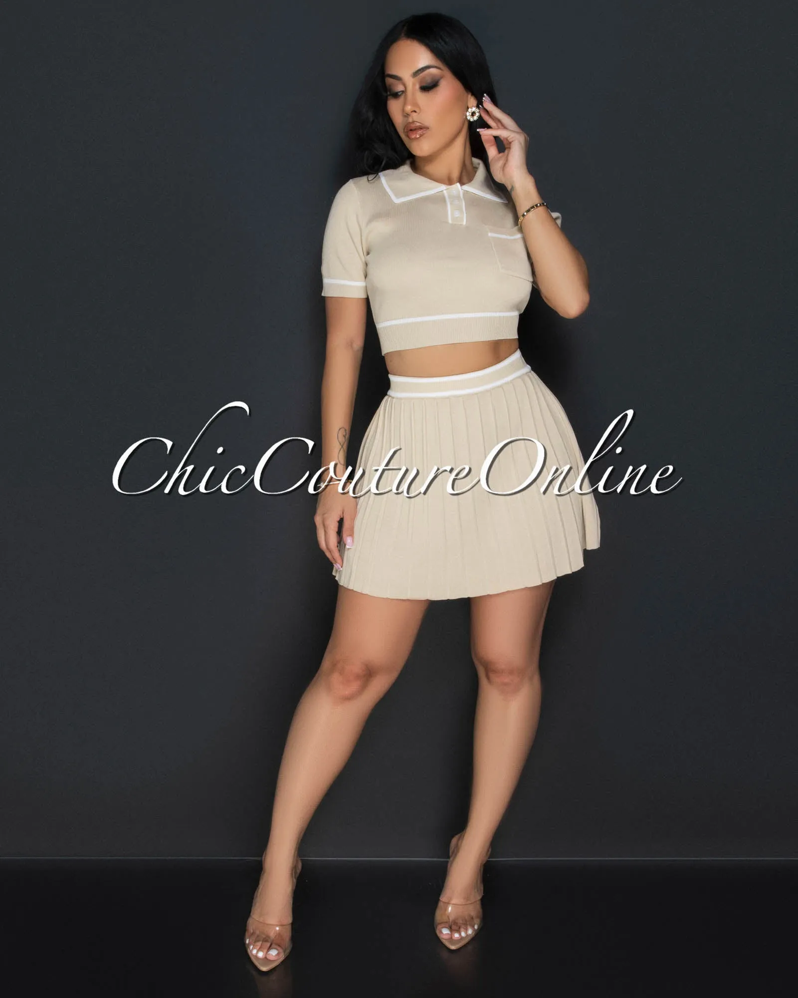 Rylie Beige White Tennis Crop Top & Skirt Set sold by Chic Couture product image thumbnail 2