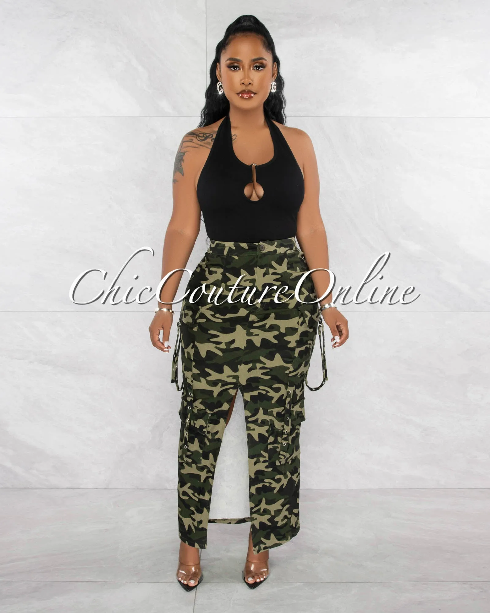 *Tarah Camo Cargo Front Slit Maxi Skirt sold by Chic Couture product image thumbnail 2