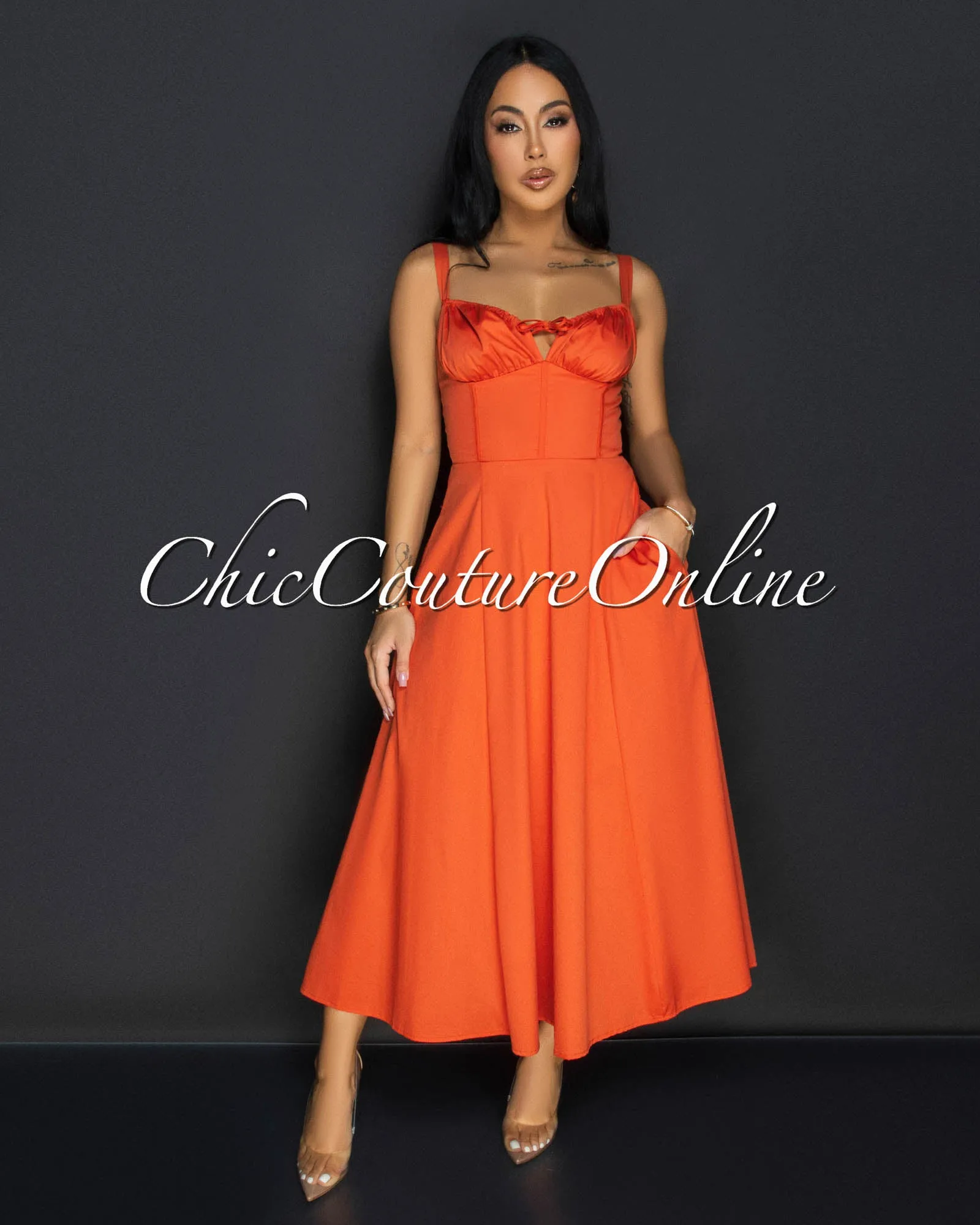Luanne Orange Sweetheart Midi Dress sold by Chic Couture product image thumbnail 2