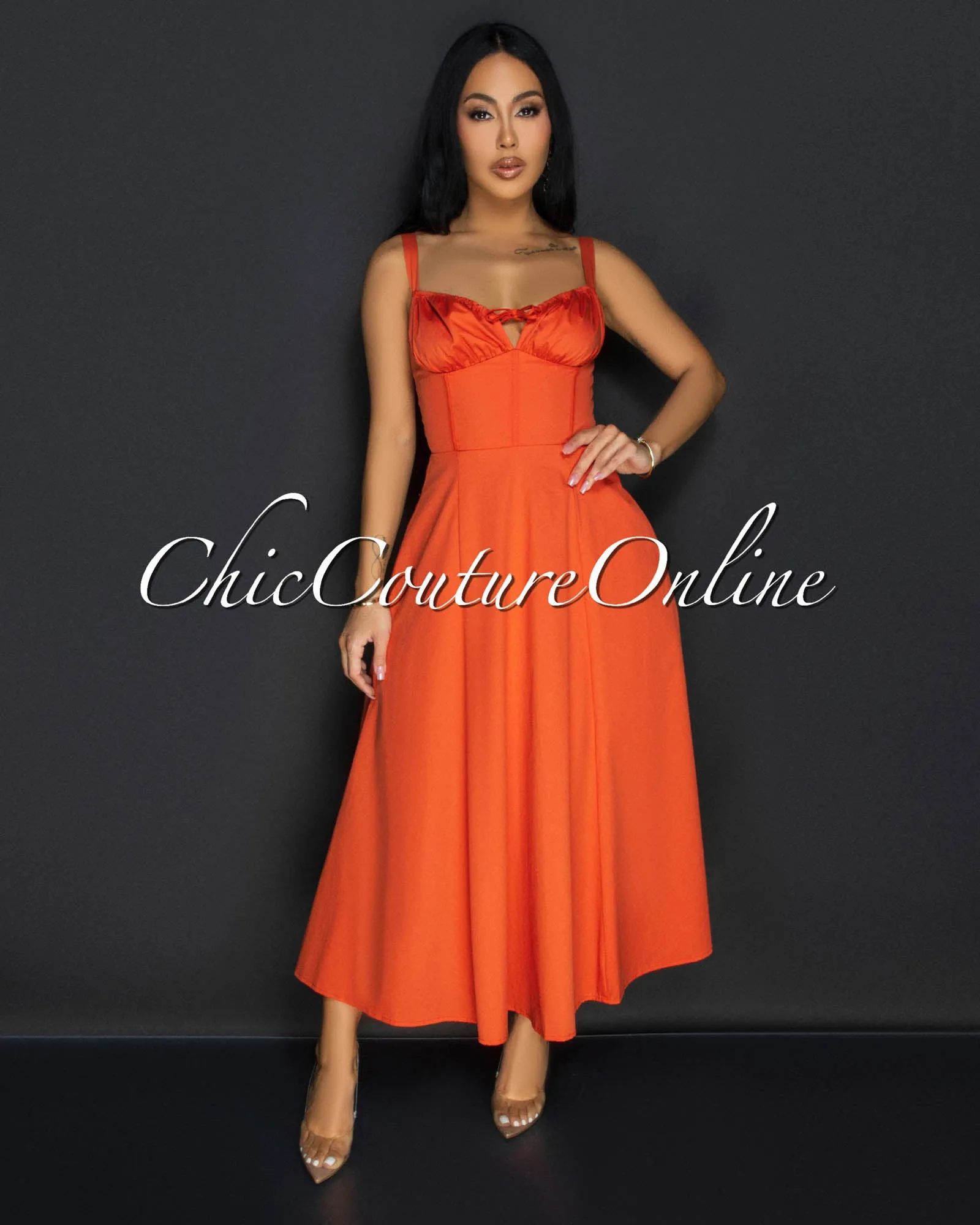 Luanne Orange Sweetheart Midi Dress sold by Chic Couture