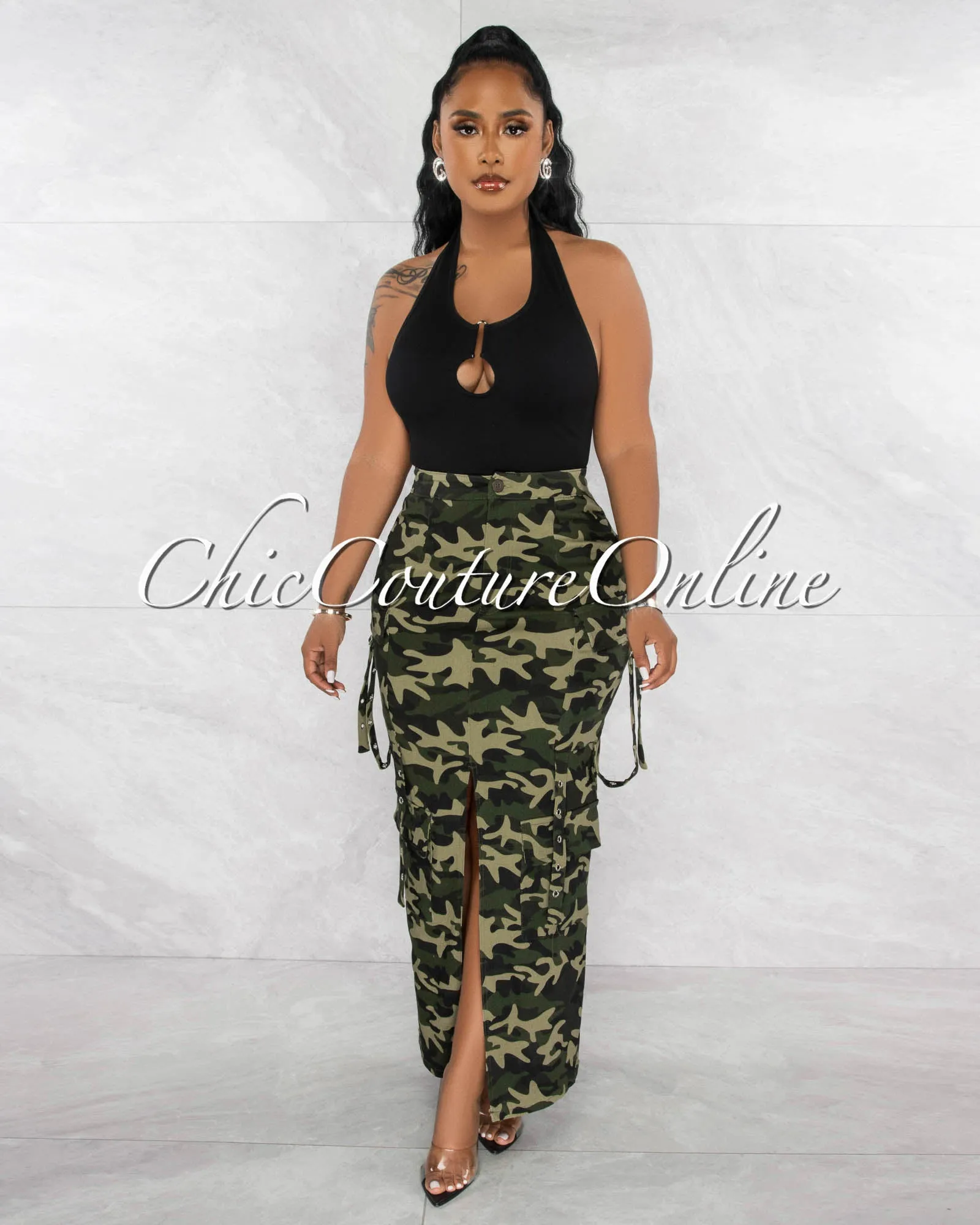 *Tarah Camo Cargo Front Slit Maxi Skirt sold by Chic Couture