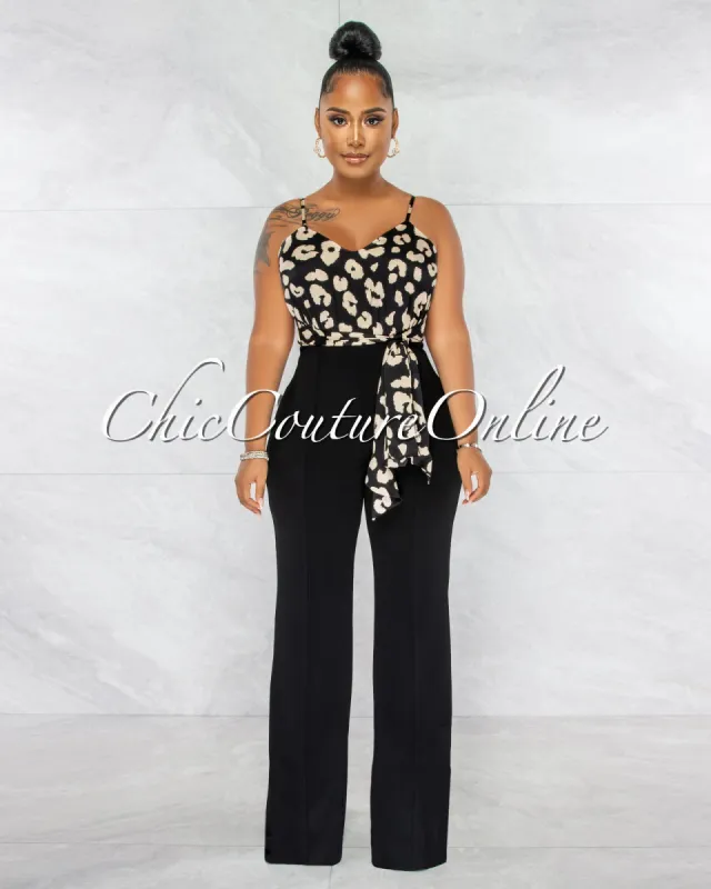 *Aubrey Black Nude Leopard Print Silky Top Two-Tone Jumpsuit sold by Chic Couture