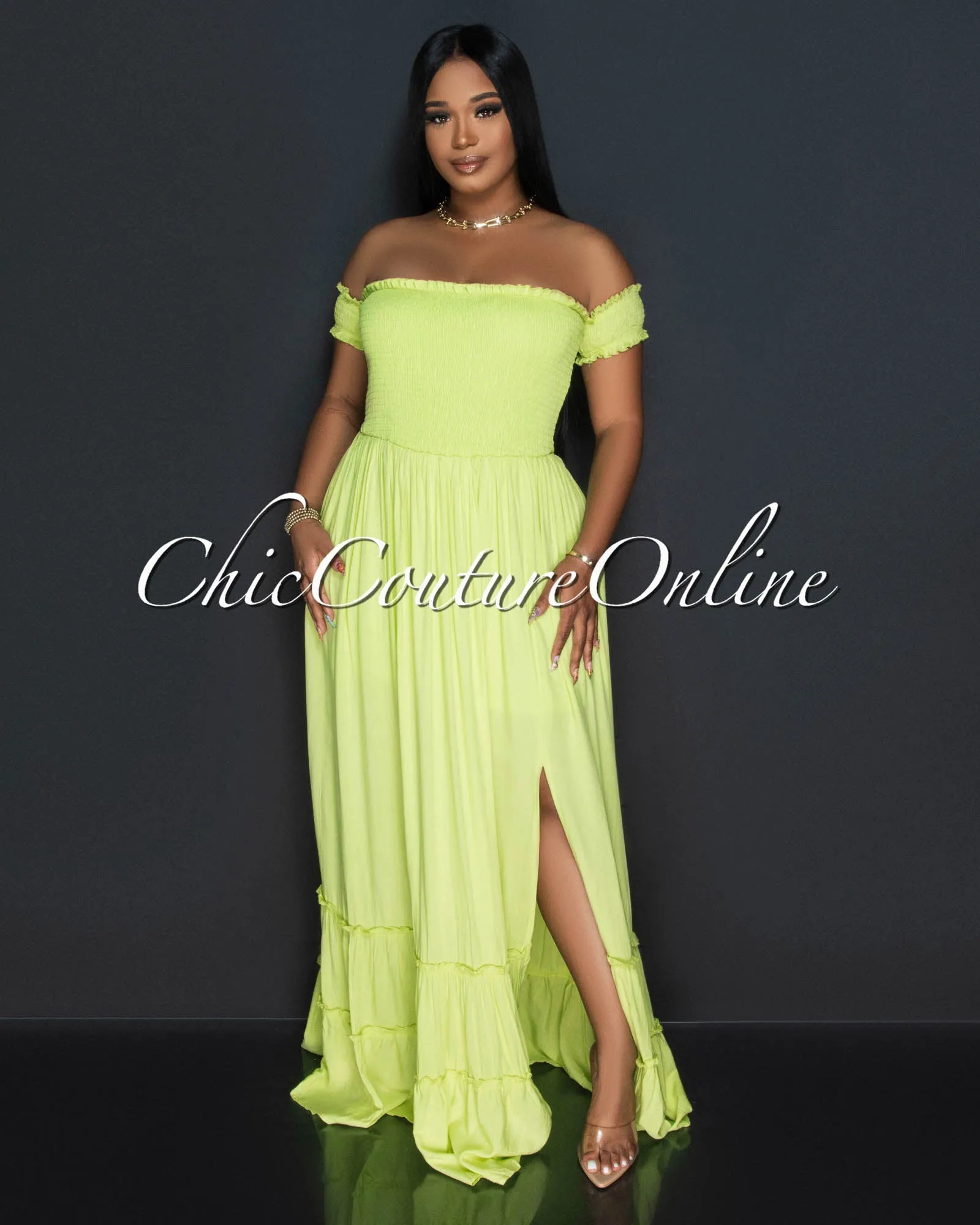 *Isaura Lime Green Smocked Top Ruffle Hem Maxi Dress sold by Chic Couture