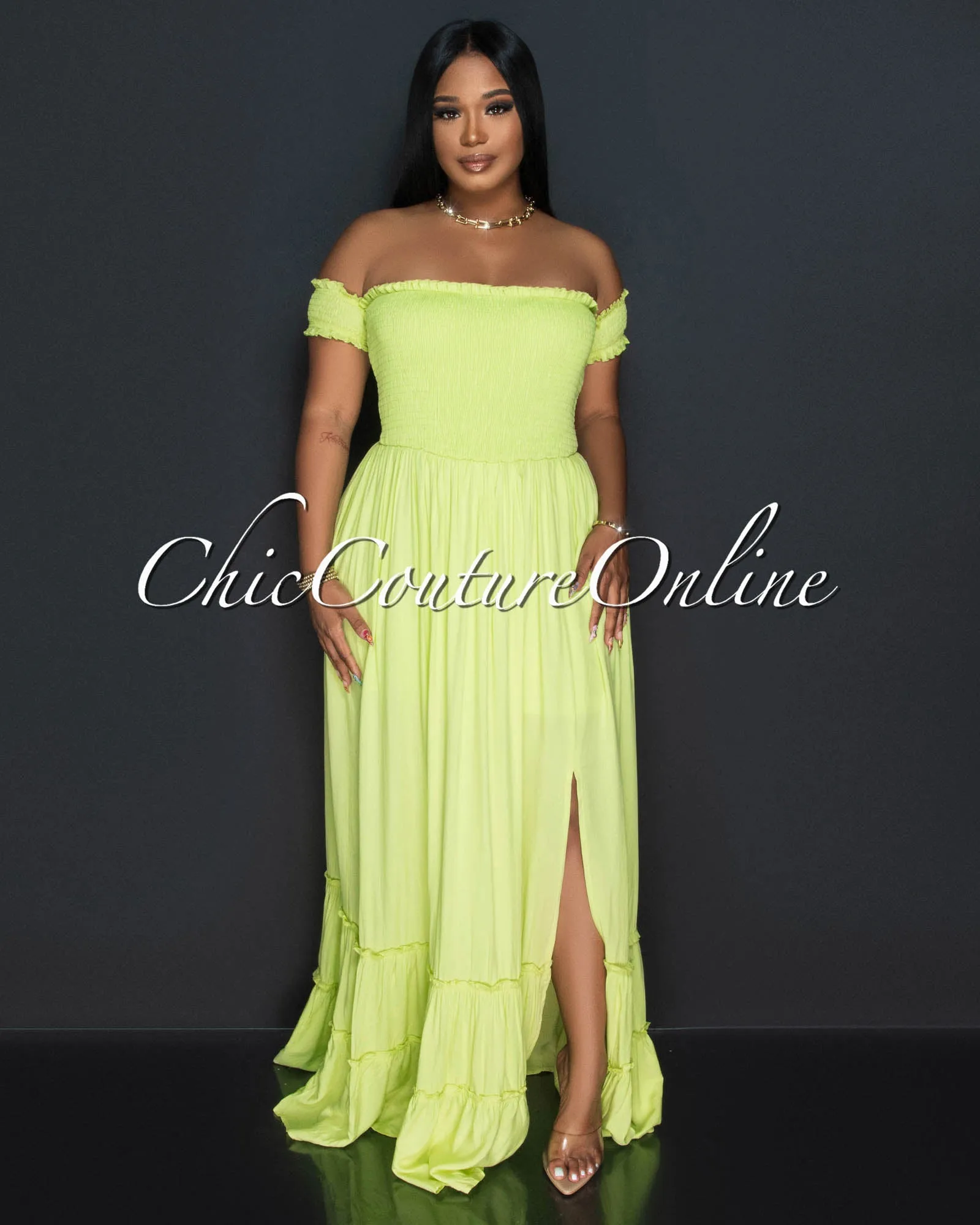 *Isaura Lime Green Smocked Top Ruffle Hem Maxi Dress sold by Chic Couture product image thumbnail 2