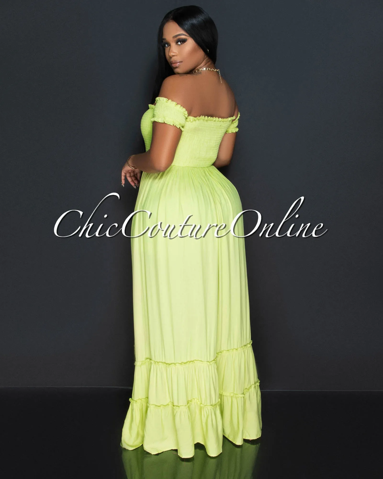 *Isaura Lime Green Smocked Top Ruffle Hem Maxi Dress sold by Chic Couture product image thumbnail 3