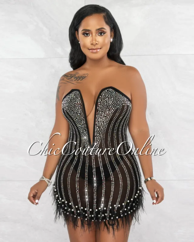 *Sebastian Black Rhinestones Pearls & Feathers Mesh Sheer Mini Dress sold by Chic Couture