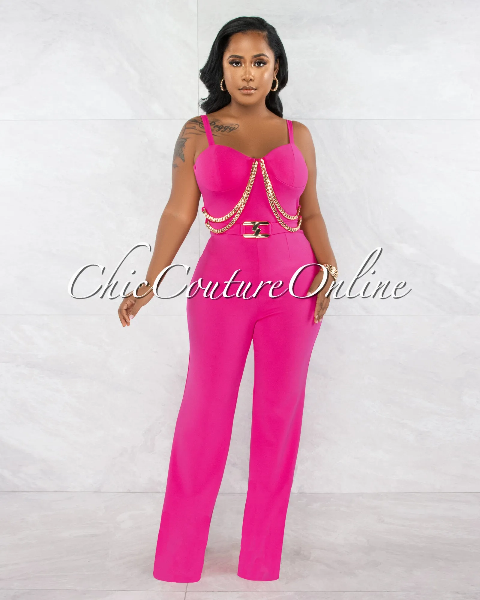 *Nolanie Fuchsia Gold Link & Buckle Accent Jumpsuit sold by Chic Couture product image thumbnail 2