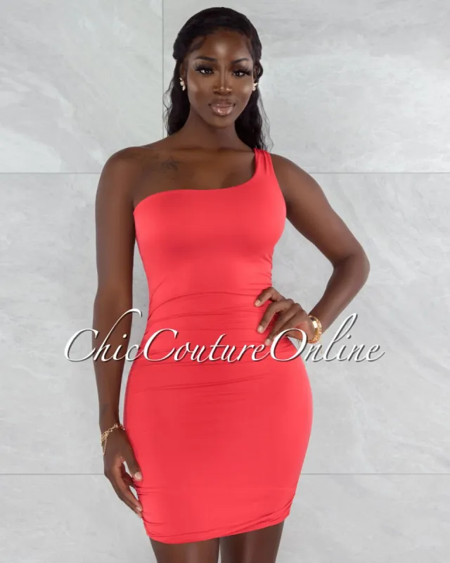 *Melora Red Ruched Sides Single Shoulder Mini Dress sold by chic
