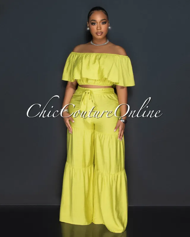 *Gonzalo Lime Green Ruffle Crop Top & Wide Pants Set sold by Chic Couture