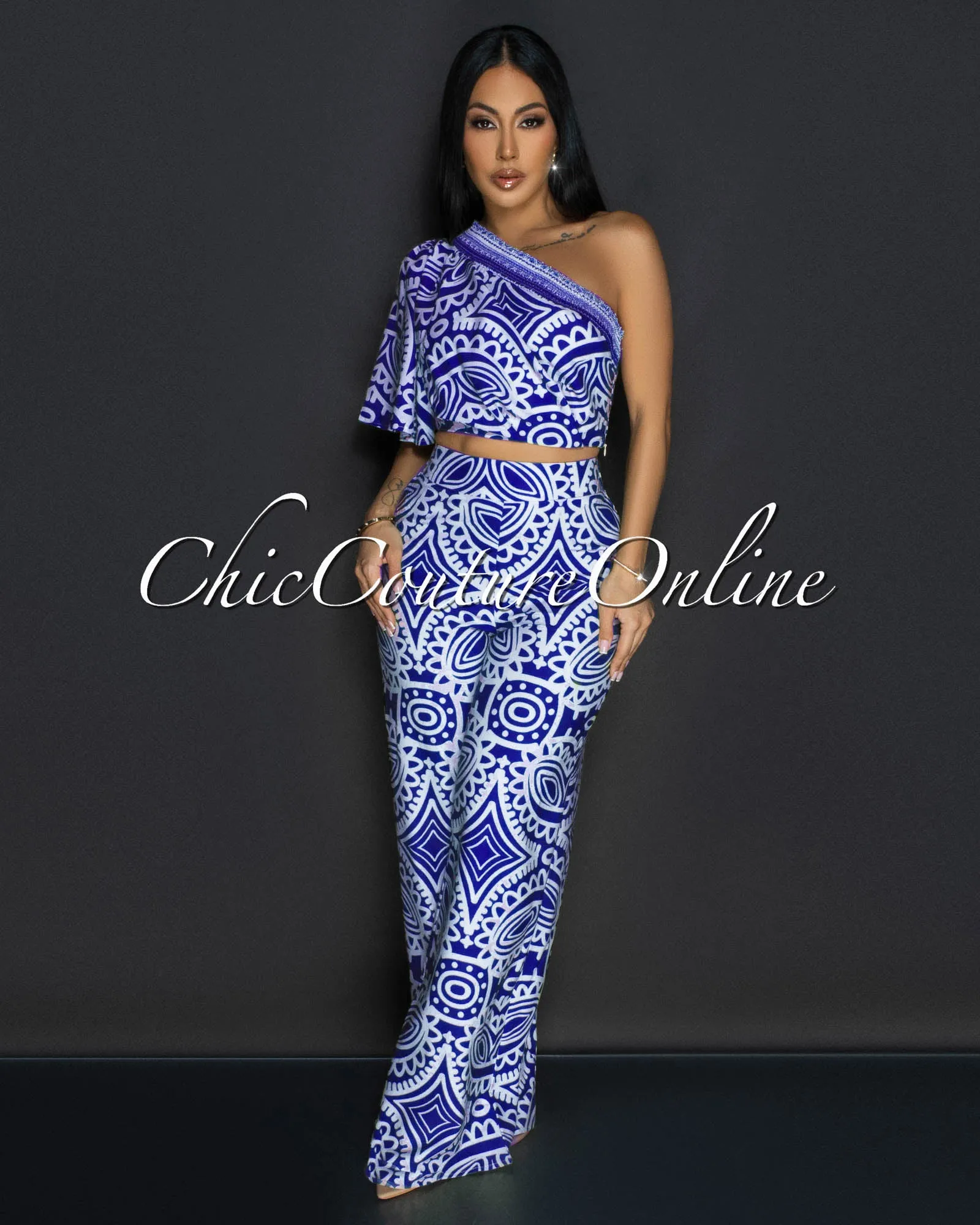Odana Royal-Blue Beige Single Shoulder Top & Pants Set sold by Chic Couture product image thumbnail 2