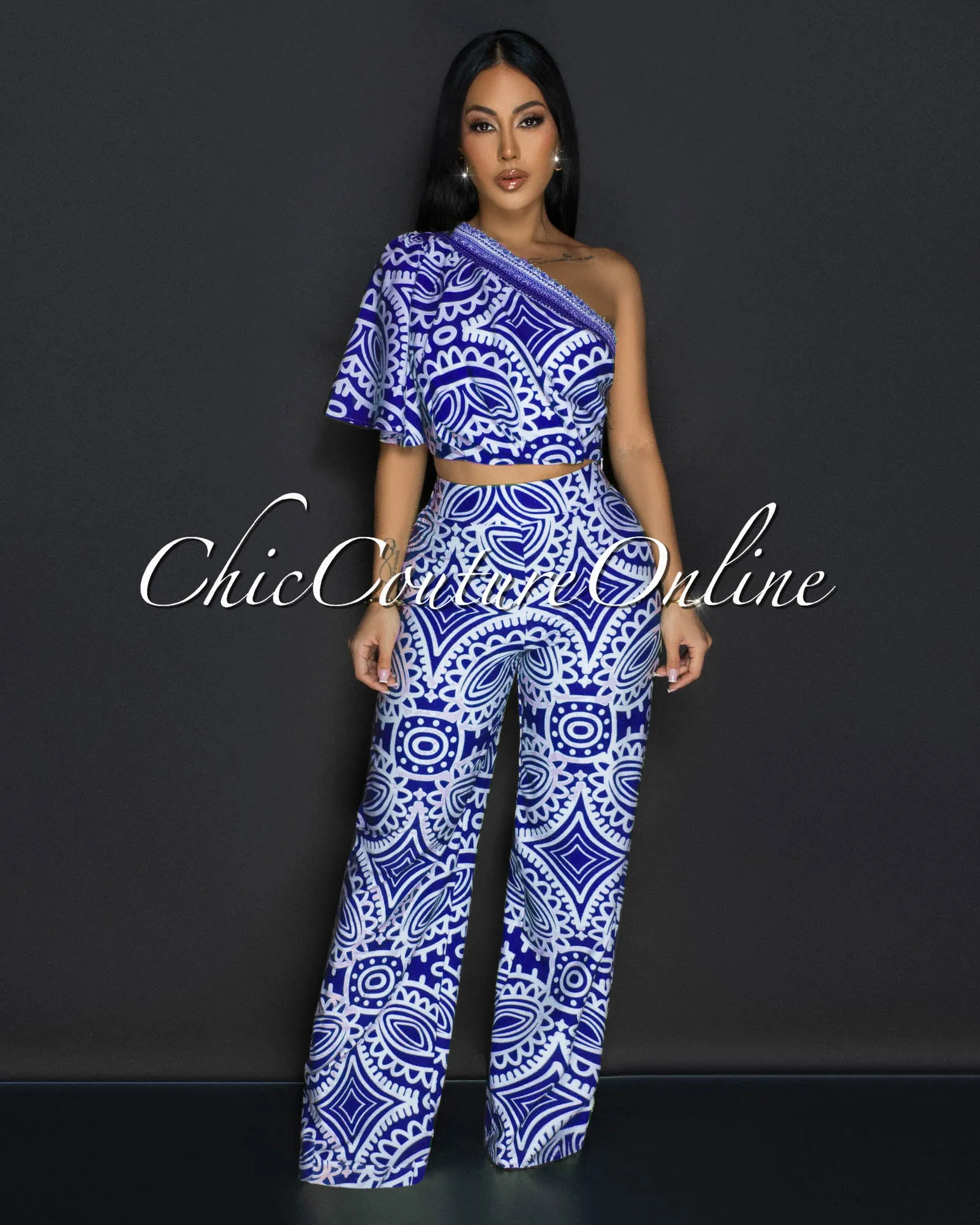 Odana Royal-Blue Beige Single Shoulder Top & Pants Set sold by Chic Couture