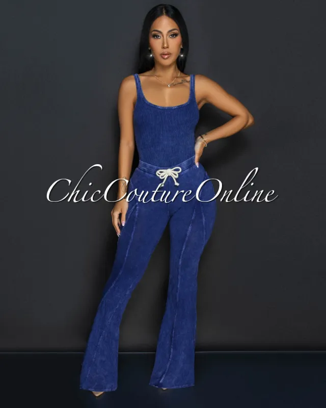 Dorey Blue Ribbed Bodysuit & Flared Leggings Set sold by Chic Couture