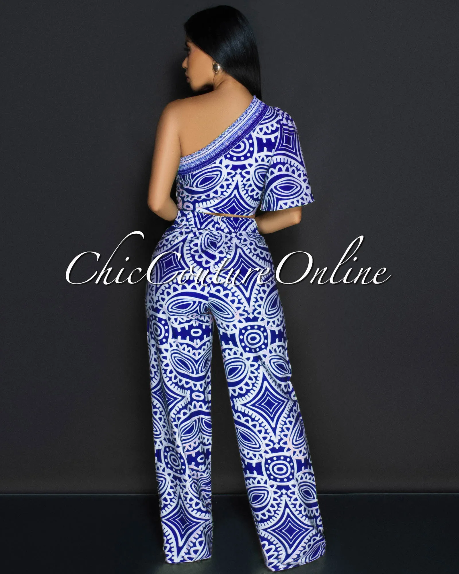 Odana Royal-Blue Beige Single Shoulder Top & Pants Set sold by Chic Couture product image thumbnail 3