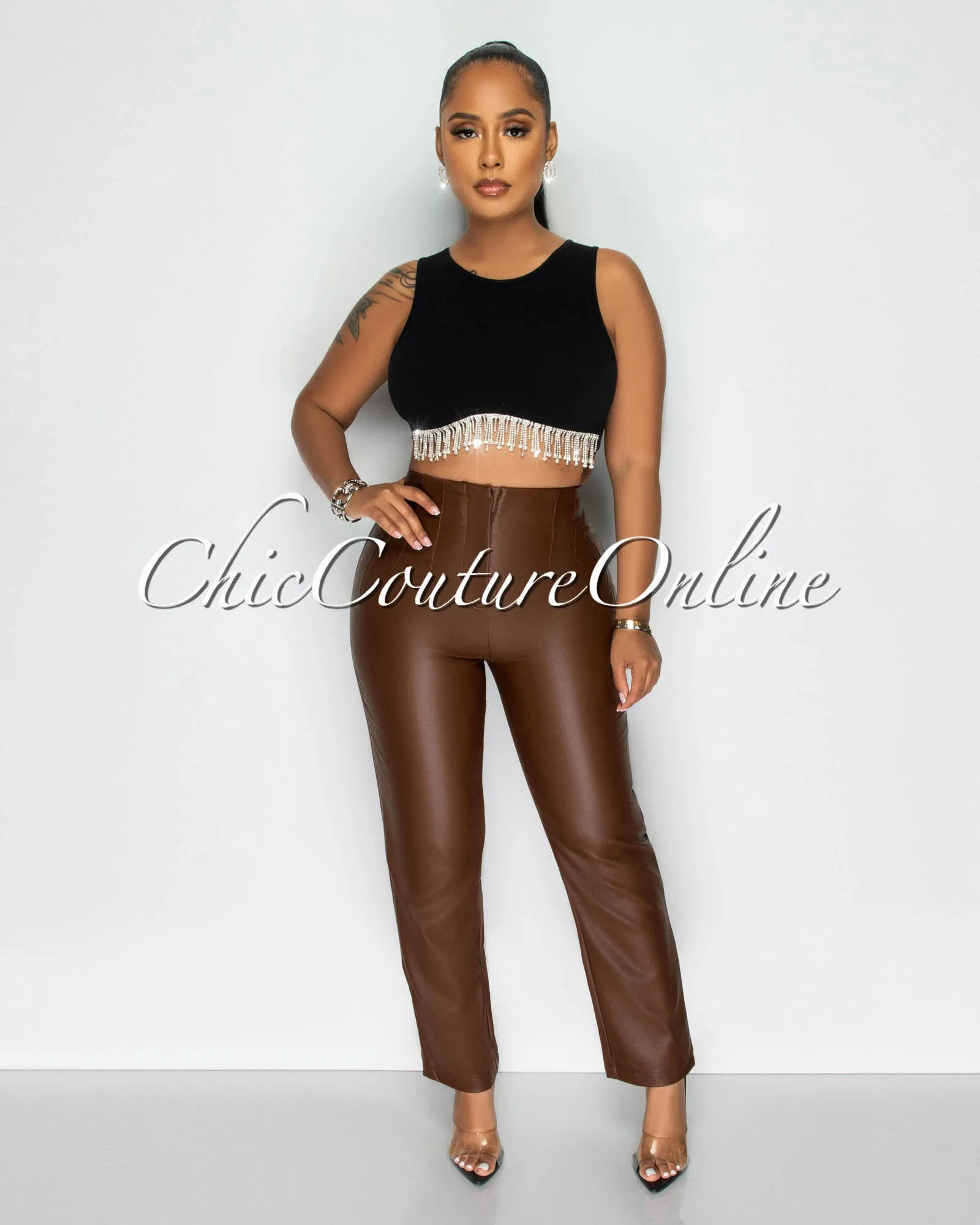 Margie Black Rhinestones Fringe Ribbed Top sold by Chic Couture product image thumbnail 3