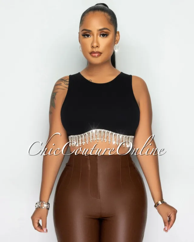 Margie Black Rhinestones Fringe Ribbed Top sold by Chic Couture
