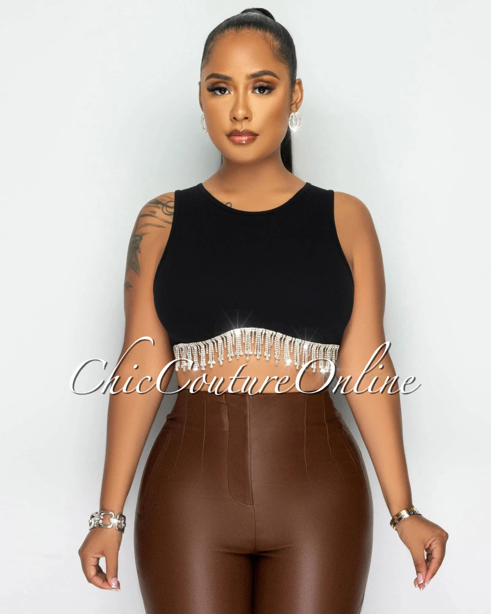 Margie Black Rhinestones Fringe Ribbed Top sold by Chic Couture
