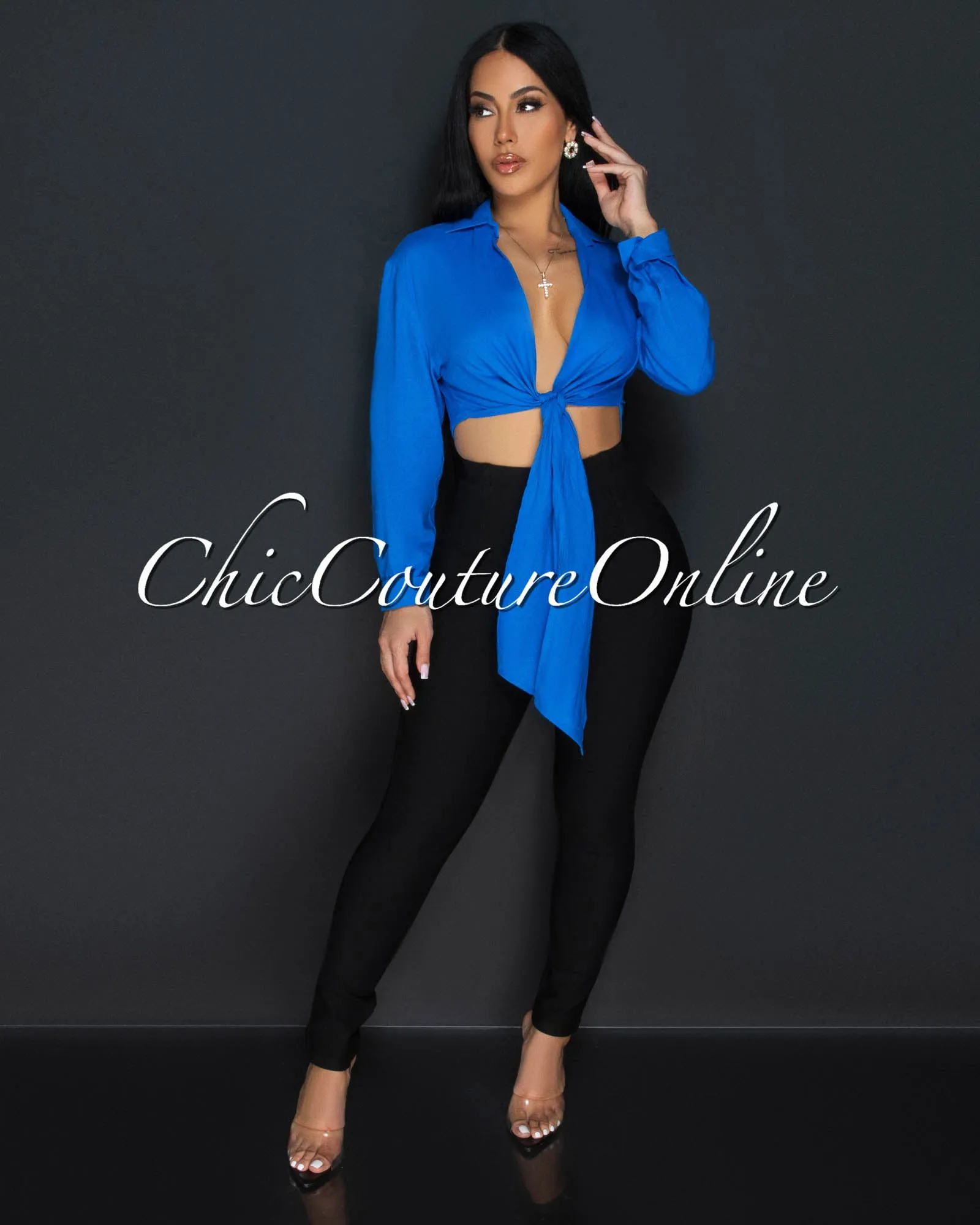 Arena Blue Front Tie Linen Blouse sold by Chic Couture product image thumbnail 3