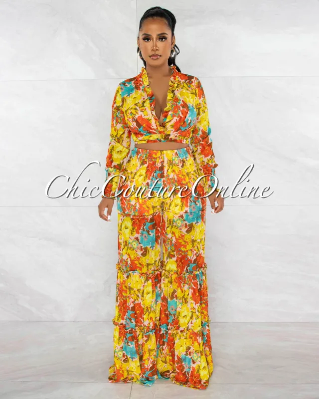 *Maliah Orange Lime Print Front Tie Top & Wide Pants Set sold by Chic Couture