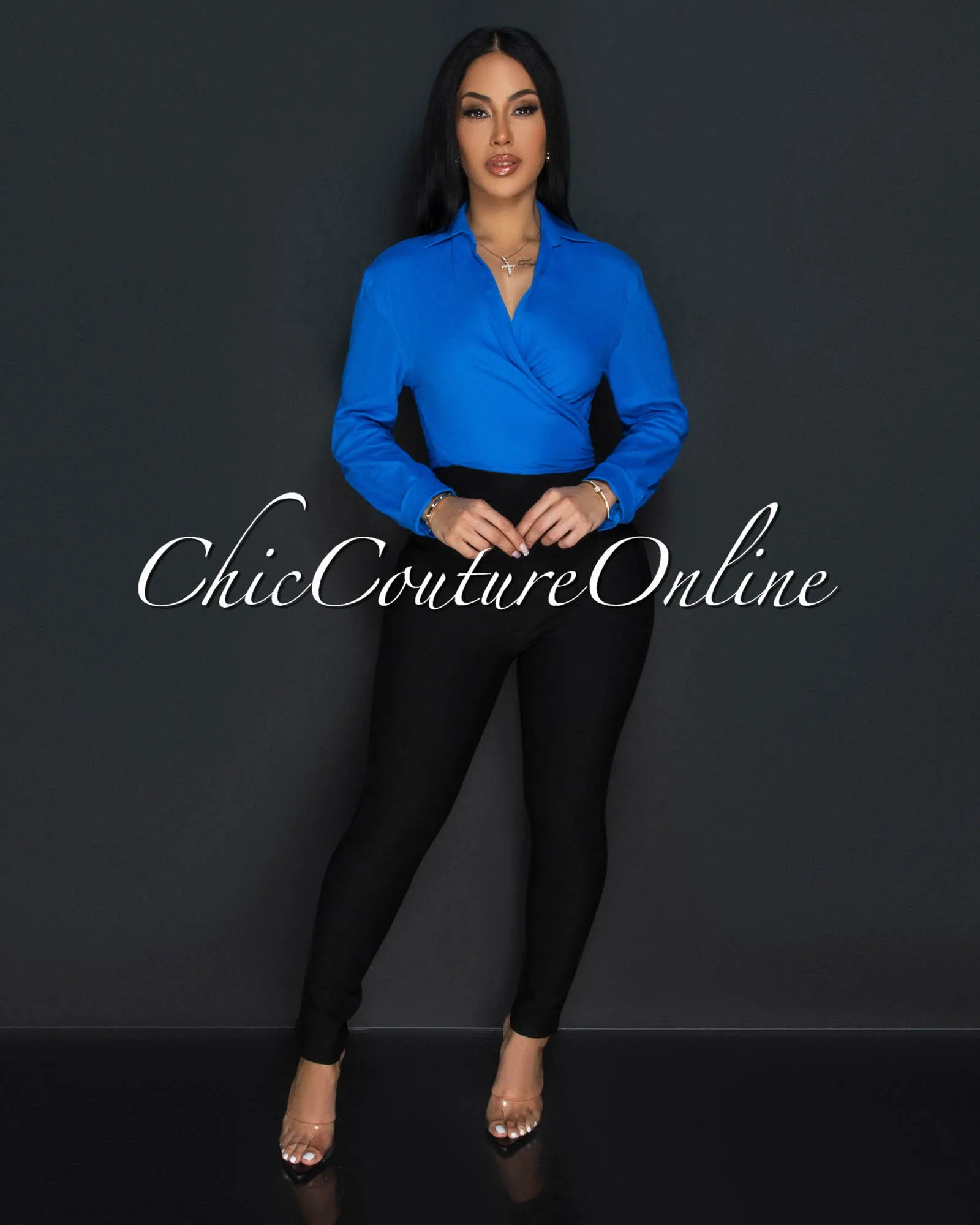 Arena Blue Front Tie Linen Blouse sold by Chic Couture product image thumbnail 2