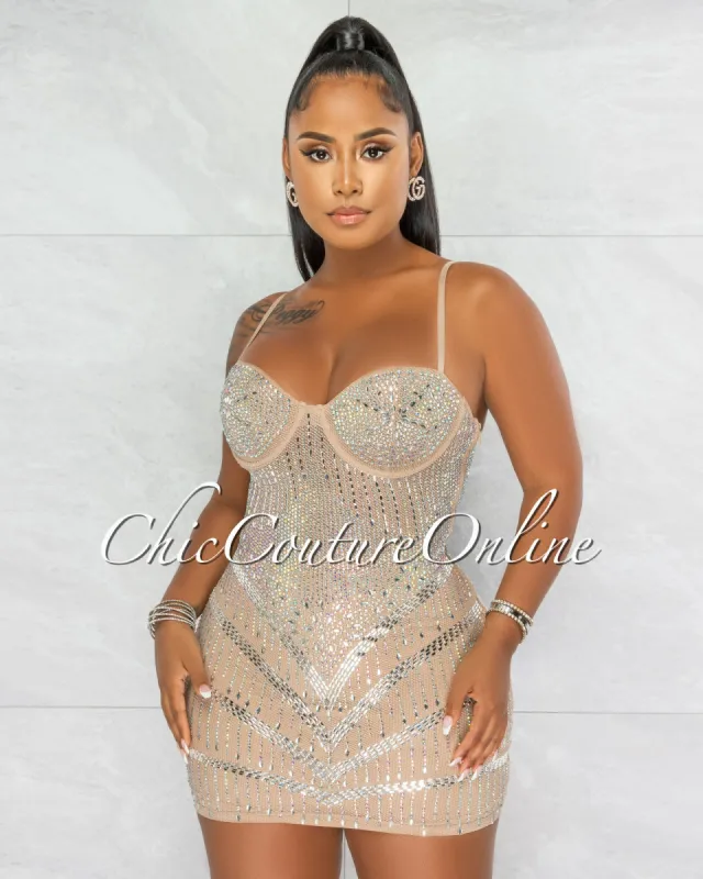 *Genesis Nude Silver Rhinestones Sheer Mini Dress sold by Chic Couture